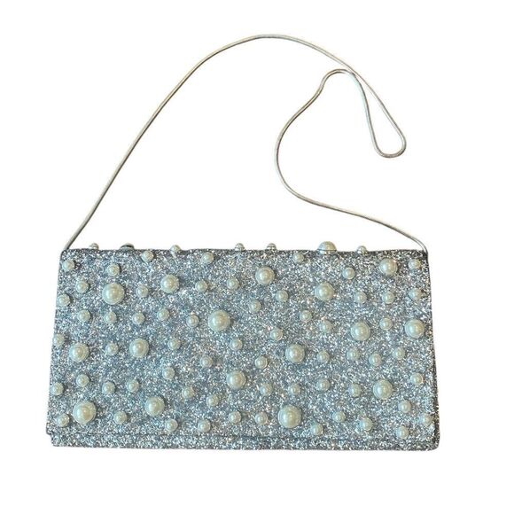Sondra Roberts Pearl Silver Glitter w/Raised pearl Accents Clutch/Shoulder Bag - Picture 4 of 11